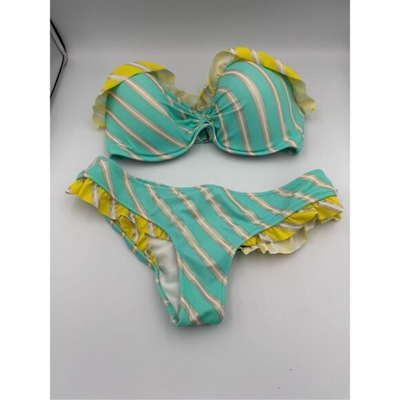 Victoria's Secret Womens Blue Metallic Striped Bandeau Padded Top Bikini Set Siz - Picture 2 of 9